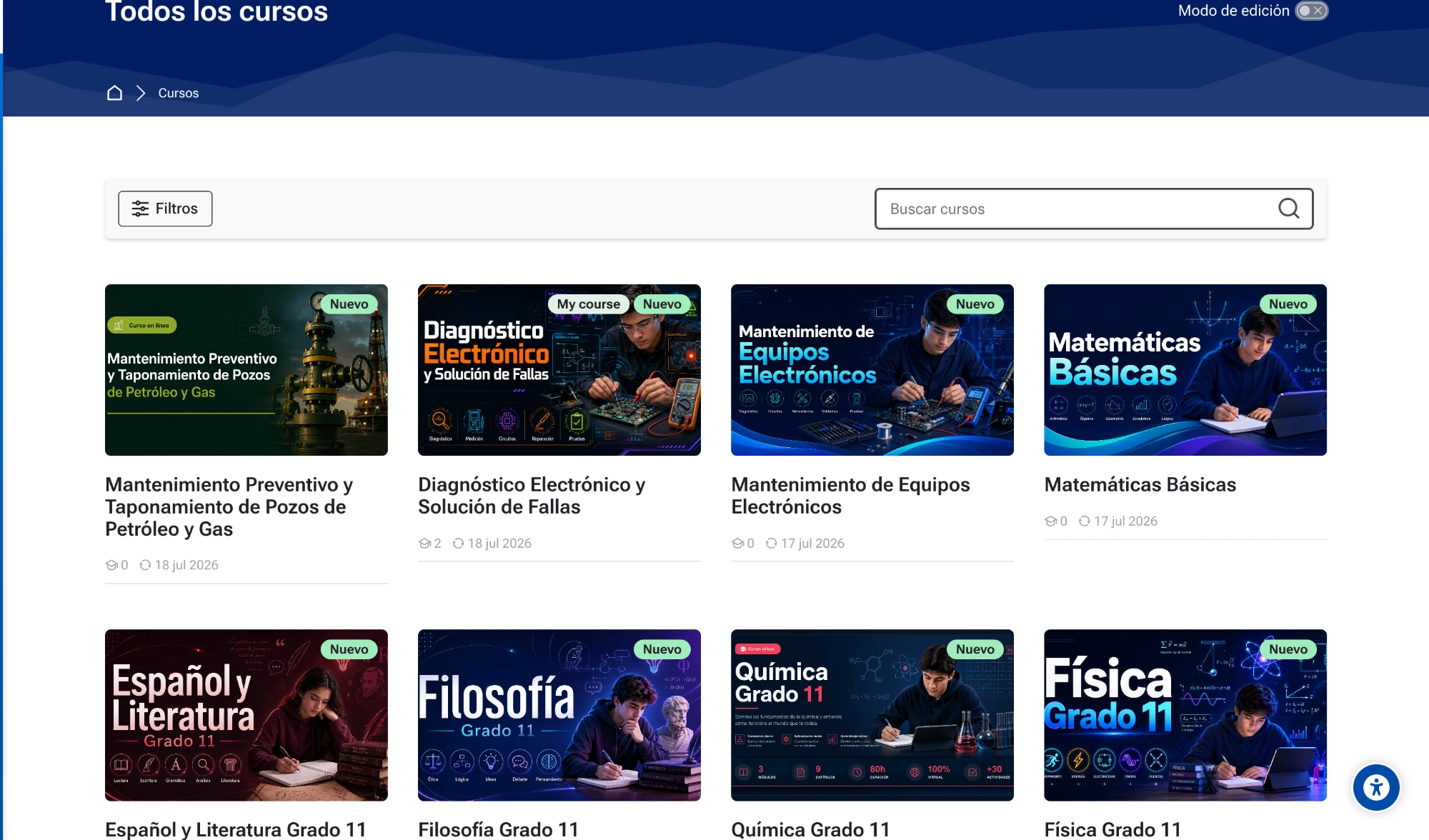 Catálogo de cursos del campus virtual de Inandina, implementado con Cursia